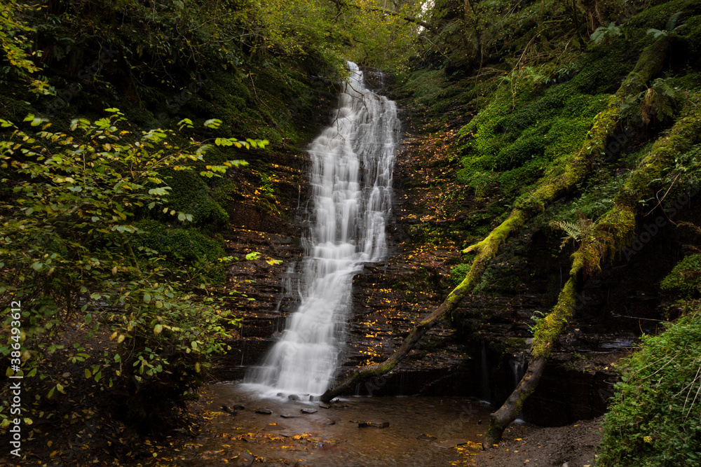 The strangely named Water-Break-its-Neck waterfall in the Warren Wood area of Radnor Forest in Mid Wales, UK

