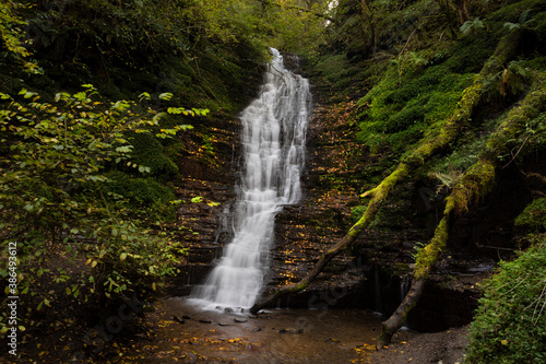 The strangely named Water-Break-its-Neck waterfall in the Warren Wood area of Radnor Forest in Mid Wales, UK

