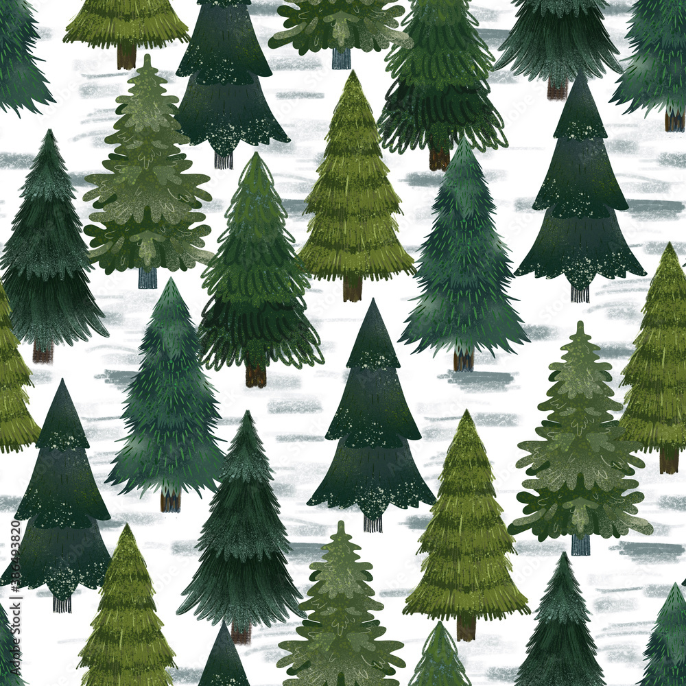 Fototapeta premium Christmas fir trees in a seamless pattern, modern hand draw design. Winter background. Can be used for printed new year materials - leaflets, posters, business cards or for web