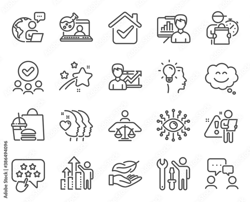 Plakat People icons set. Included icon as Ranking star, Smile chat, Presentation board signs. Online chemistry, Employee results, Friends couple symbols. Approved group, Artificial intelligence. Vector