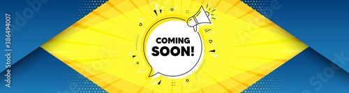 Coming soon. Background with offer speech bubble. Promotion banner sign. New product release symbol. Best advertising coupon banner. Coming soon badge shape message. Abstract yellow background. Vector