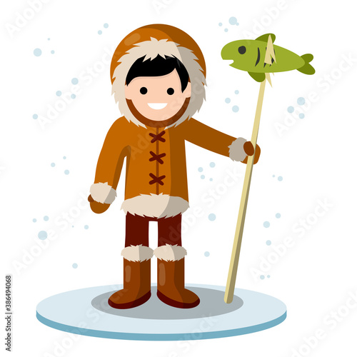Eskimo man on ice platform with harpoon and fish. Native North American. Warm winter clothing made of skin. Snow and winter. Male angler. Young fisherman. Cartoon flat illustration