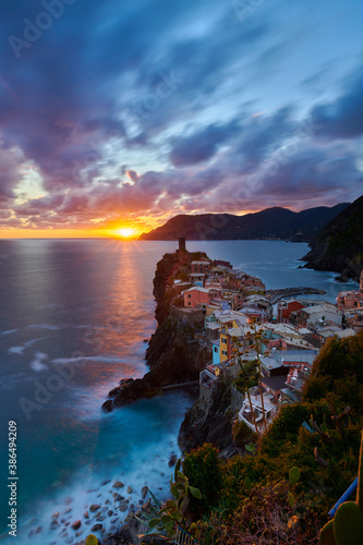 View of Vernazza at sunset in Cinque Terre, Italy