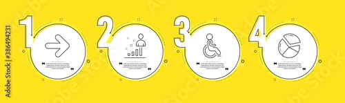 Next, Disabled and Stats line icons set. Timeline process infograph. Pie chart sign. Forward, Handicapped wheelchair, Business analysis. Presentation graph. Technology set. Vector