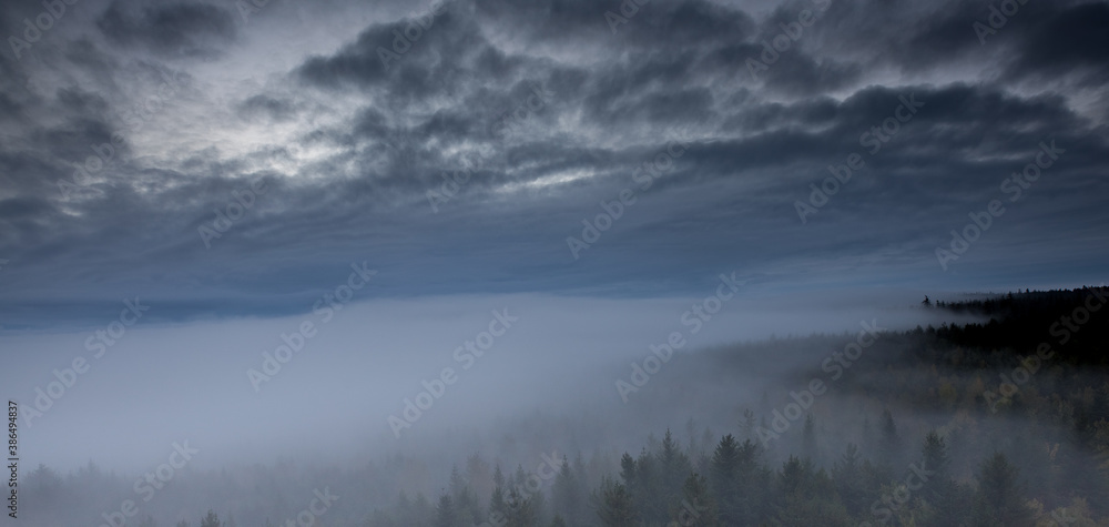 Fototapeta premium Moving clouds and autumn fog over the Black Forest
