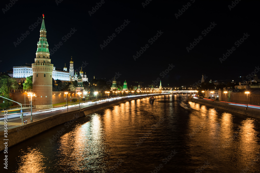 Moscow Kremlin wall, night view from Big Stone Bridge.