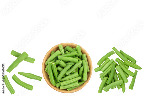 Green beans isolated on a white background with clipping path, Top view with copy space for your text. Flat lay