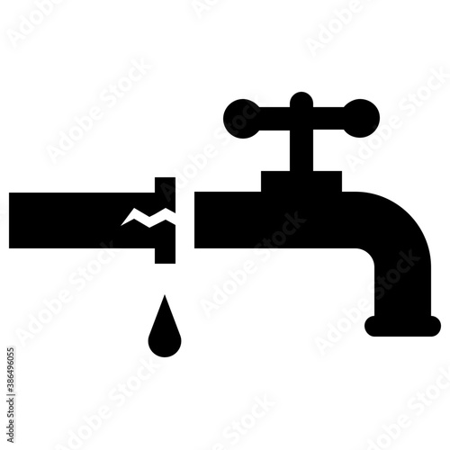 
Old water tap with leaky pipe, plumbing system icon vector 
