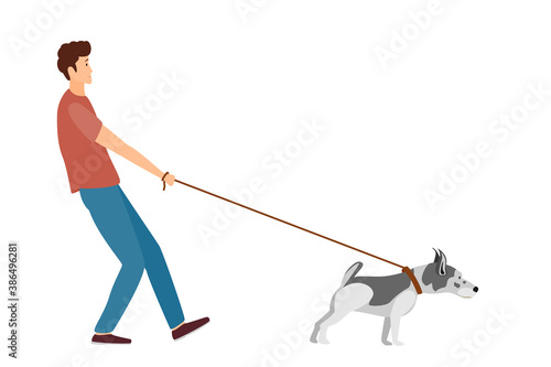 A dog on a leash pulls a young man. Walking the dogs. Pet training. Vector in a flat style isolated on white.