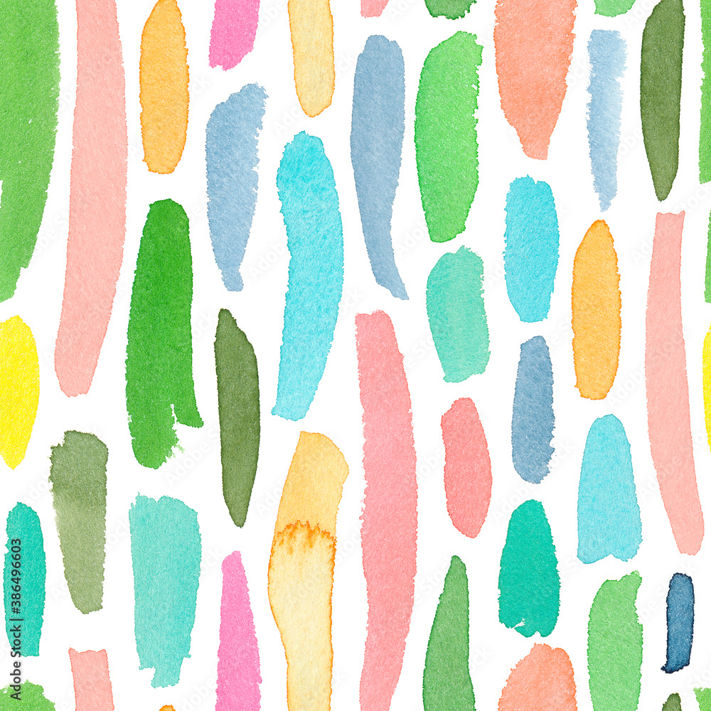 Vertical drops and lines abstract watercolor seamless pattern. Hand drawn watercolor brush strokes, colorful short stripes. Rainbow colors. Ink textured background with colorful dashes. 