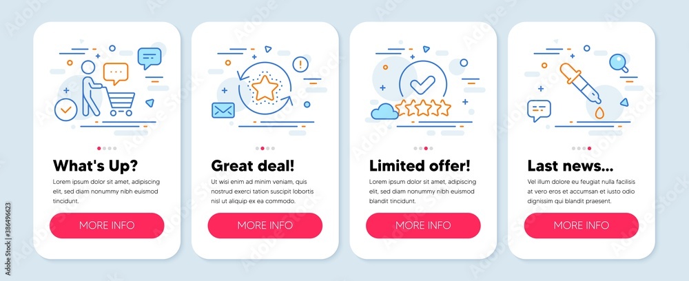 Set of line icons, such as Rating stars, Loyalty points, Buyer think symbols. Mobile app mockup banners. Chemistry pipette line icons. Verified rank, Bonus reward, Shopping cart. Laboratory. Vector