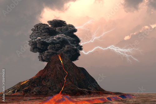 Photo Volcano and Lightning - Lightning and thunder crack inside a billowing smoke plume as a volcano erupts with glowing lava