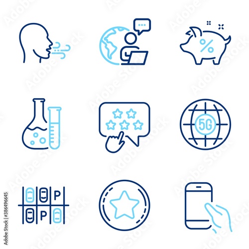 Business icons set. Included icon as Ranking star, Hold smartphone, Chemistry lab signs. Loan percent, Breathing exercise, 5g internet symbols. Loyalty star, Parking place line icons. Vector