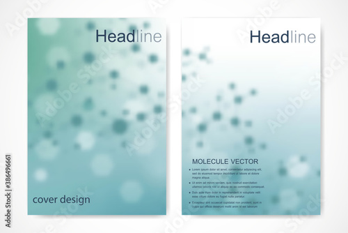 Scientific brochure design template. Vector flyer layout, Molecular structure with connected lines and dots. Scientific pattern atom DNA with elements for magazine, leaflet, cover, poster design.
