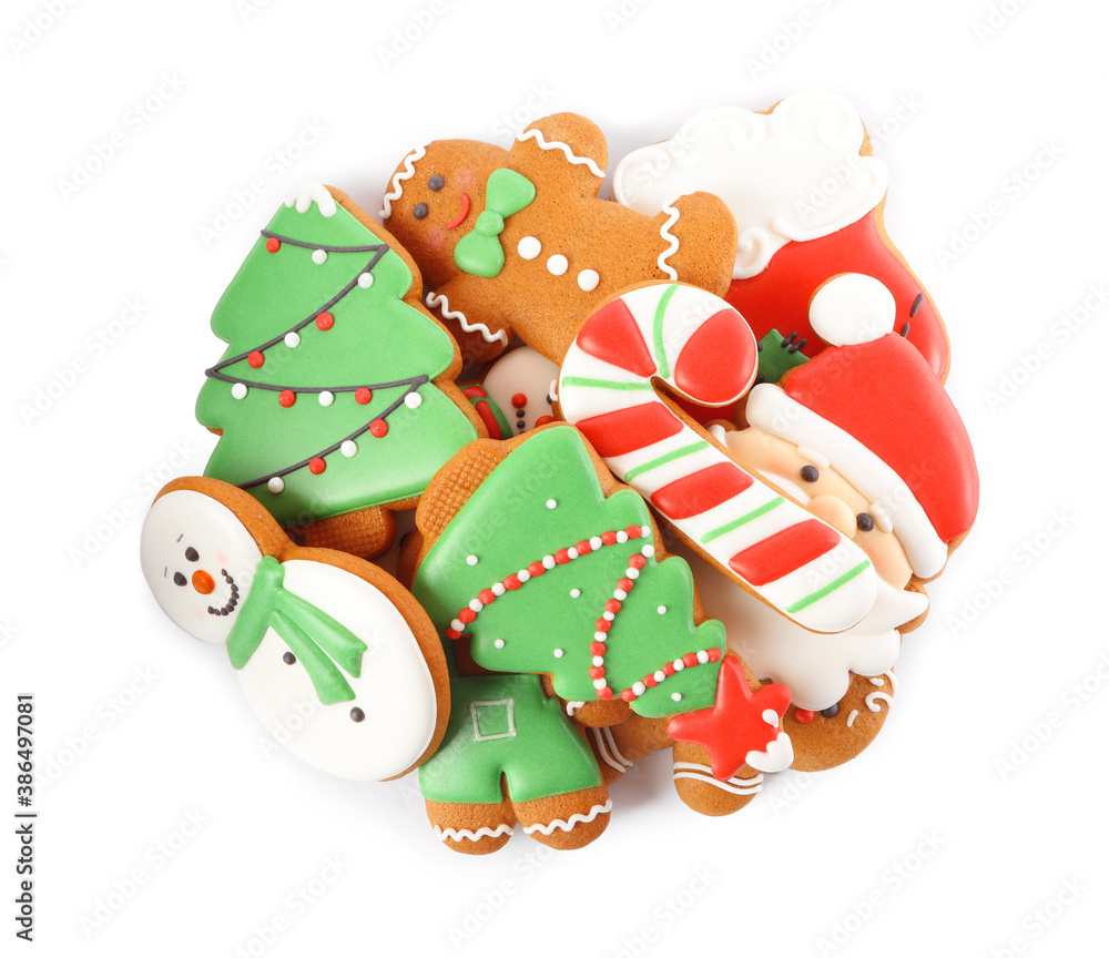 Pile of Christmas cookies on white background, top view