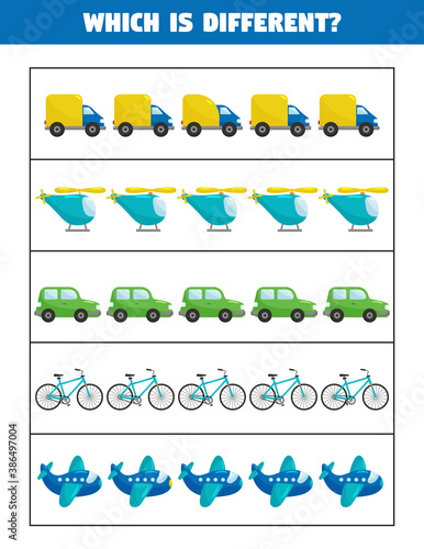 Educational worksheet for children. Which transportation is different. Printable game for preschool children.