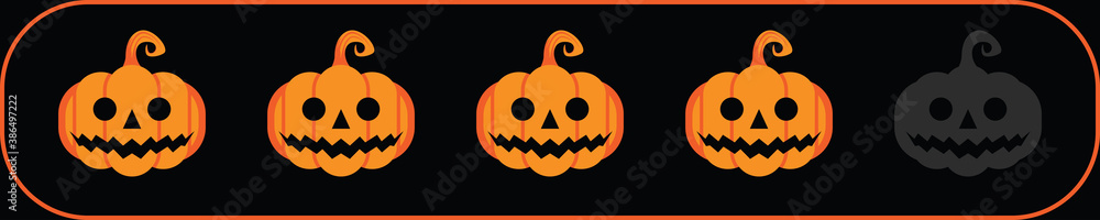 Fototapeta premium Four rate pumpkins icon for review scary or creepy story contents on internet, website or mobile application. Online feedback 5 vote scale Halloween jacks symbol rating or ranking concept. Vector
