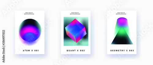 Set of retrofuturistic posters with glowing neon shapes: prism, pyramid, cube. Synthwave and vaporwave style backgounds for notebook or book covers.