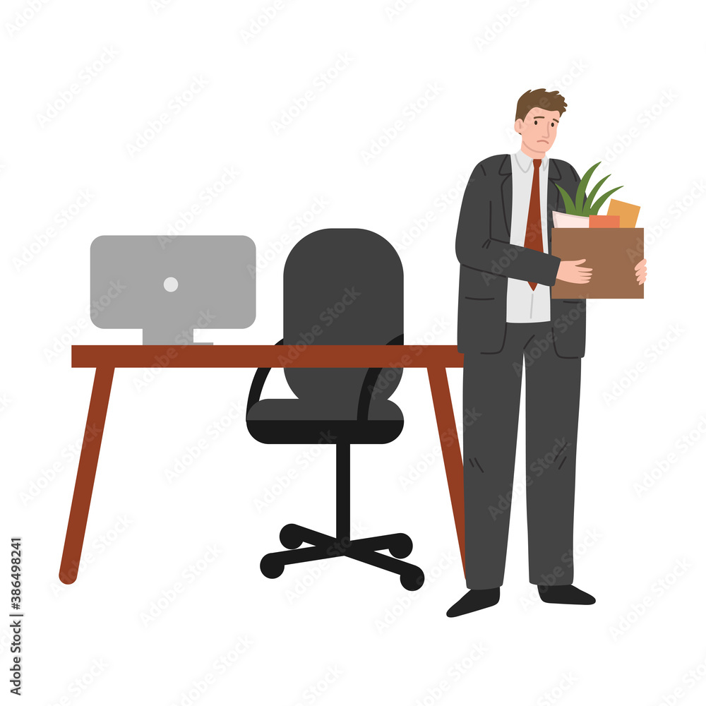 Sad frustrated fired man office worker holding box of belongings from desk Sad frustrated fired man office worker holding box of belongings from desk