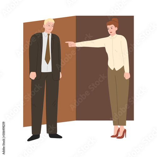 Angry woman boss poitning and firing sad man manager from office