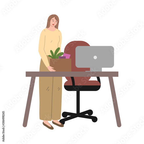 Stressed frustrated fired woman office worker collecting things from desk