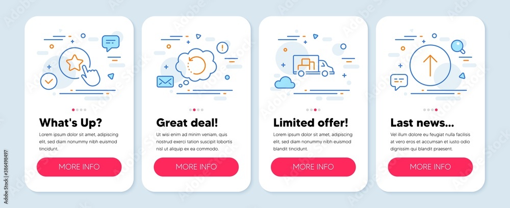 Set of Technology icons, such as Loyalty star, Truck transport, Recovery data symbols. Mobile app mockup banners. Swipe up line icons. Bonus reward, Delivery, Backup info. Scroll screen. Vector Set of Technology icons, such as Loyalty star, Truck transport, Recovery data symbols. Mobile app mockup banners. Swipe up line icons. Bonus reward, Delivery, Backup info. Scroll screen. Vector
