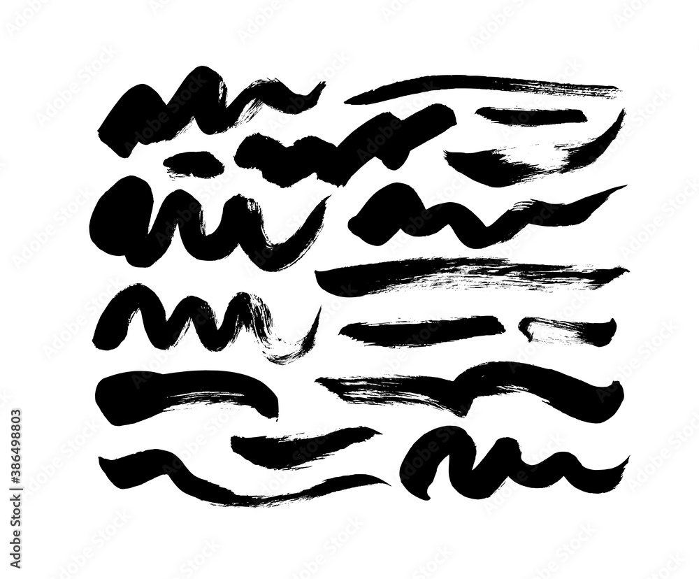 Black paint wavy brush strokes vector collection. Dirty curved lines ...