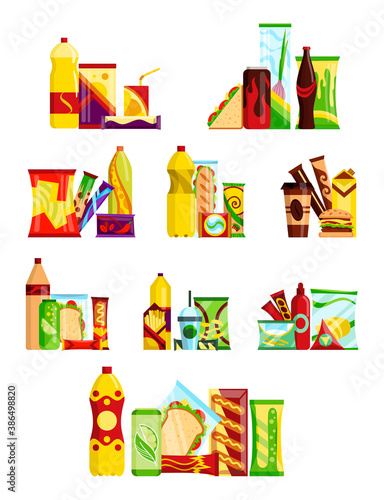Snack product set. Fast food snacks drinks, chips, juice and sandwich isolated on white background. Classic fast food nutrition in flat style. Vector illustration of restaurant menu snack