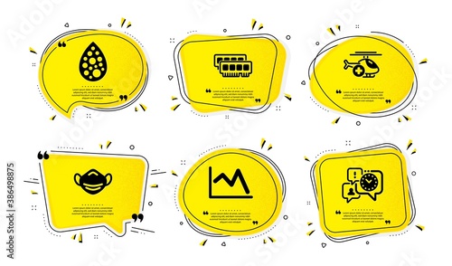 Medical mask, Ram and Medical helicopter icons simple set. Yellow speech bubbles with dotwork effect. Line chart, Artificial colors and Time management signs. Vector