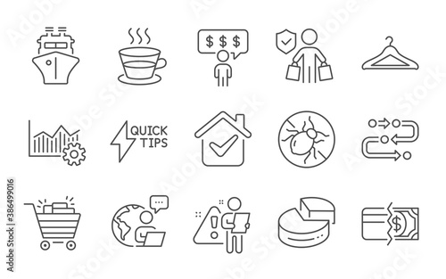 Operational excellence, Methodology and Pie chart line icons set. Quickstart guide, Payment methods and Buyer insurance signs. Shopping cart, Coffee cup and Ship symbols. Line icons set. Vector