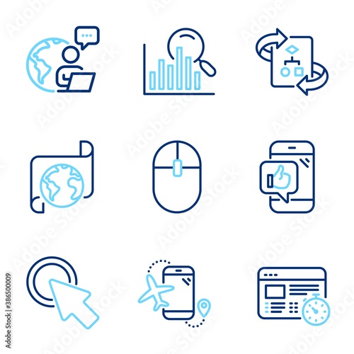 Technology icons set. Included icon as Technical algorithm, Web timer, Translation service signs. Search, Mobile like, Click here symbols. Computer mouse, Flights application line icons. Vector