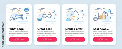 Set of Medical icons, such as Water drop, Eu close borders, Eyeglasses symbols. Mobile screen mockup banners. Coronavirus statistics line icons. Serum oil, Coronavirus restrictions, Optometry. Vector