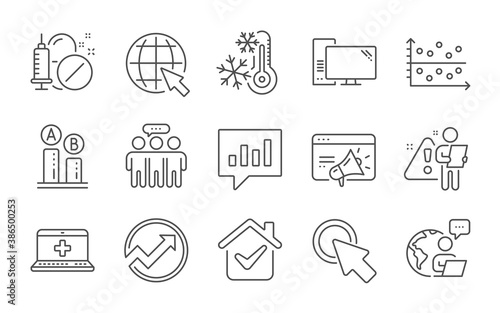 Seo marketing, Medical help and Employees group line icons set. Click here, Medical drugs and Internet signs. Analytical chat, Computer and Ab testing symbols. Dot plot, Freezing and Audit. Vector