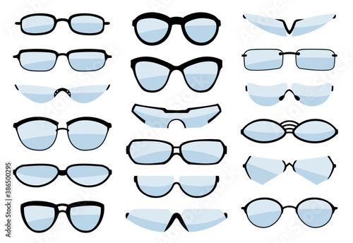 Glasses line art silhouette, eyewear and optical accessory. Medical classic ocular set. Vector glasses isolated illustration on white background. Various shapes. Vector glasses model icons