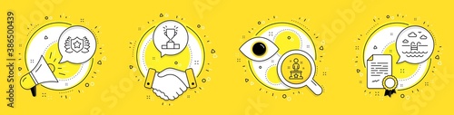 Success, Laureate and Winner podium line icons set. Megaphone, licence and deal vector icons. Swimming pool sign. Winner person, Award shield, Competition results. Basin. Sports set. Vector