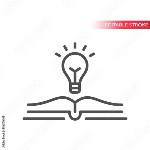 Light bulb and open book vector icon. Lightbulb, knowledge, education concept outline icon, editable stroke.