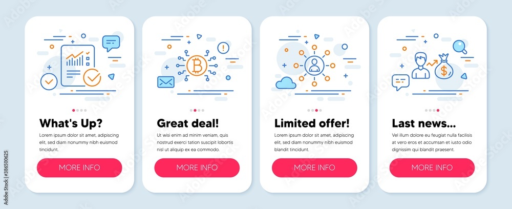 Set of Finance icons, such as Bitcoin system, Networking, Checked calculation symbols. Mobile screen app banners. Sallary line icons. Vector