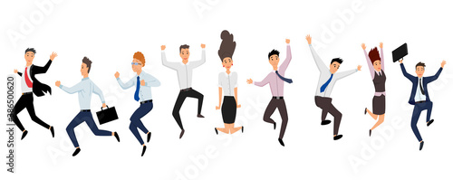 Jumping business people. Group of business people jumps on a white background. Vector illustration of a flat design. Set of office workers jumping. Cartoon business team