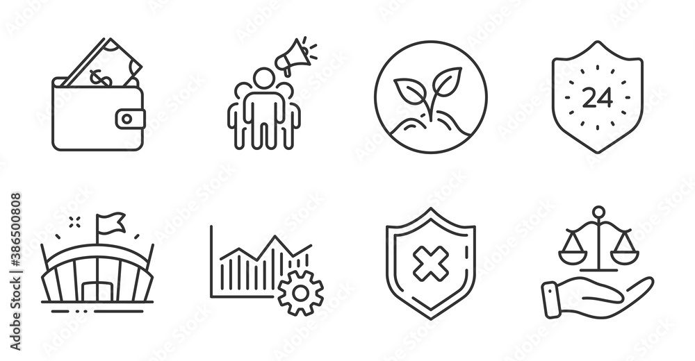 Reject protection, Operational excellence and Startup line icons set. 24 hours, Wallet and Justice scales signs. Arena, Brand ambassador symbols. Quality line icons. Reject protection badge. Vector