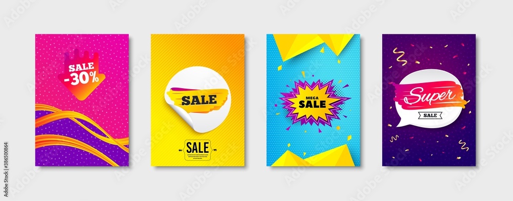 Sale tag, Mega sale and Discounts sticker promo label set. Sticker template layout. Discount offer, Banner shape, Discount shape. Hot offer. Promotional tag set. Speech bubble banner. Vector