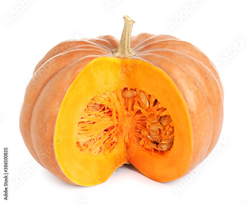 Cut ripe orange pumpkin isolated on white