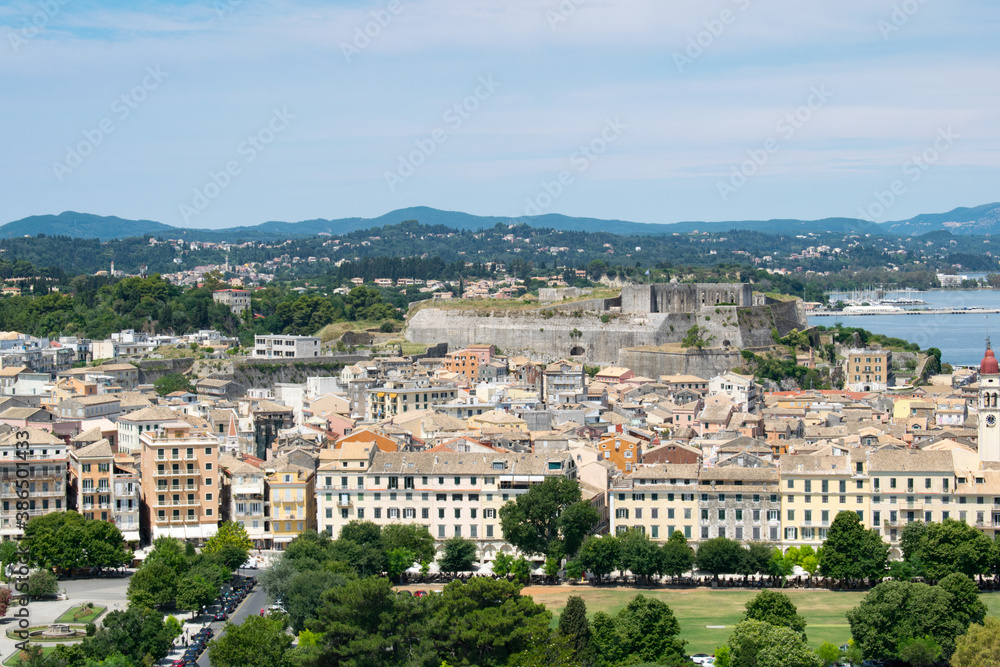 A view of Corfu Town city center with the New Venetian Fortress as seen from the Old Venetian Fortress