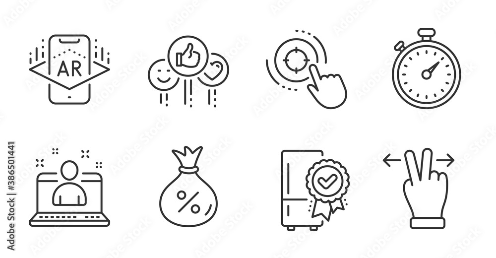 Seo target, Loan and Certified refrigerator line icons set. Best manager, Timer and Like signs. Touchscreen gesture, Augmented reality symbols. Click aim, Money bag, Kitchen fridge. Vector Seo target, Loan and Certified refrigerator line icons set. Best manager, Timer and Like signs. Touchscreen gesture, Augmented reality symbols. Click aim, Money bag, Kitchen fridge. Vector