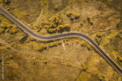 S-curved road goes thru flat ground with meadows, bushes and trees in autumn colours. Top-down view. No cars, no people.