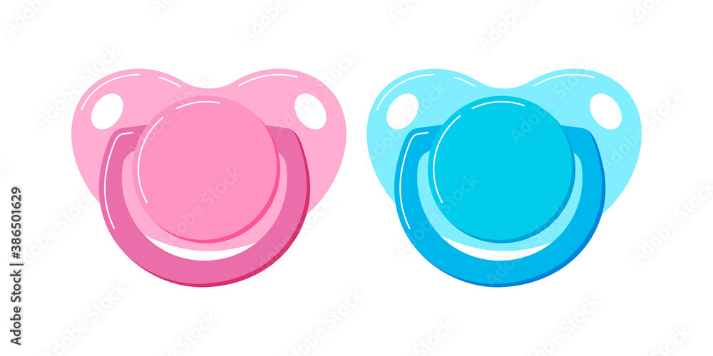 Pacifier baby dummy vector icon set isolated on white background. Signs of newborn pacifiers baby dummies - pink for girl, blue for boy. Flat design cartoon style illustration Pacifier baby dummy vector icon set isolated on white background. Signs of newborn pacifiers baby dummies - pink for girl, blue for boy. Flat design cartoon style illustration