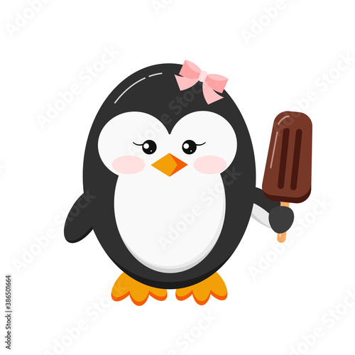 Cute penguin with ice cream clip art. Baby girl with bow cartoon animal penguin with pink ice lolly isolated on white background. Flat design vector funny polar bird character illustration. 
