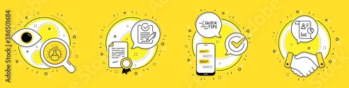 Chemistry experiment, Rfp and Education line icons set. Licence, cell phone and deal vector icons. Report sign. Laboratory flask, Request for proposal, Quick tips. Work statistics. Vector