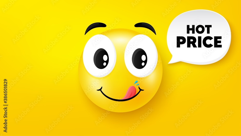 Hot Price. Yummy smile face with speech bubble. Special offer Sale sign. Advertising Discounts symbol. Yummy smile character. Hot price speech bubble icon. Yellow face background. Vector