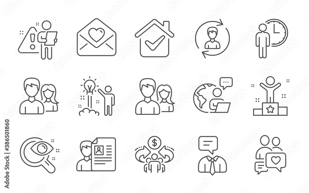 Love letter, Dating chat and Couple line icons set. Human resources, Vision test and Job interview signs. Creative idea, Winner and Sharing economy symbols. Line icons set. Vector