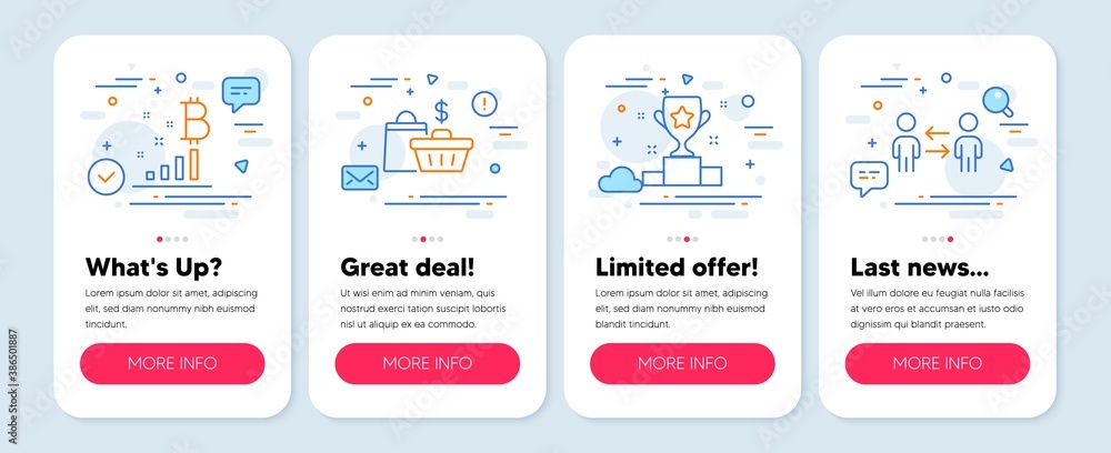 Set of Business icons, such as Sale bags, Bitcoin graph, Winner cup symbols. Mobile app mockup banners. Teamwork business line icons. Shopping cart, Cryptocurrency analytics, Award cup. Vector